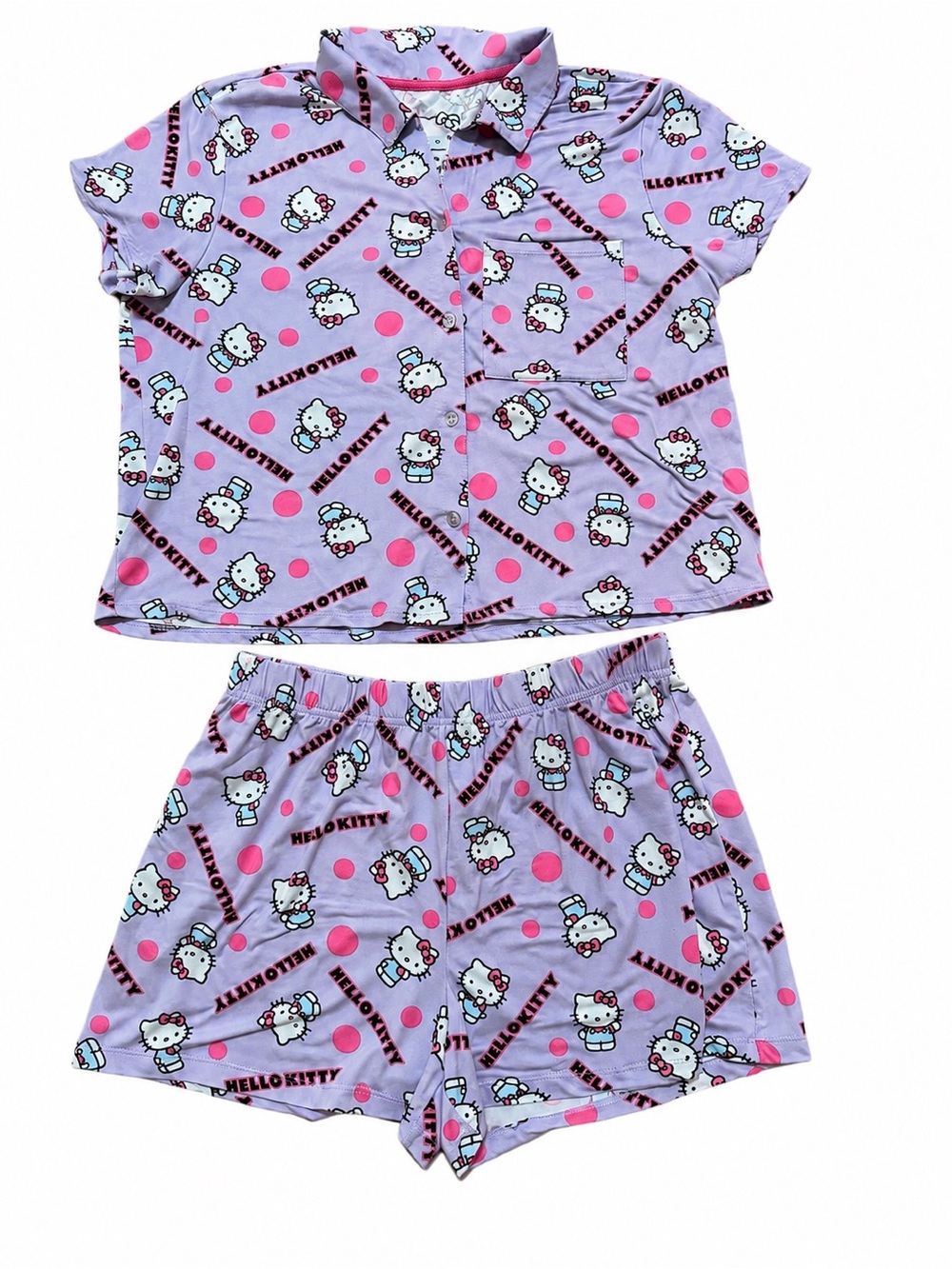 😽Hello Kitty Lavender and Pink Short Sleeve Pajama Set with Pocket
